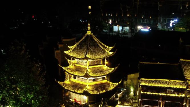 湖南湘西凤凰古城夜景灯光航拍