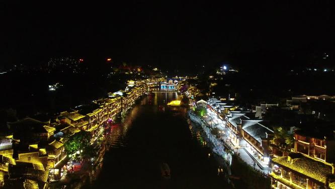 湖南湘西凤凰古城夜景灯光航拍