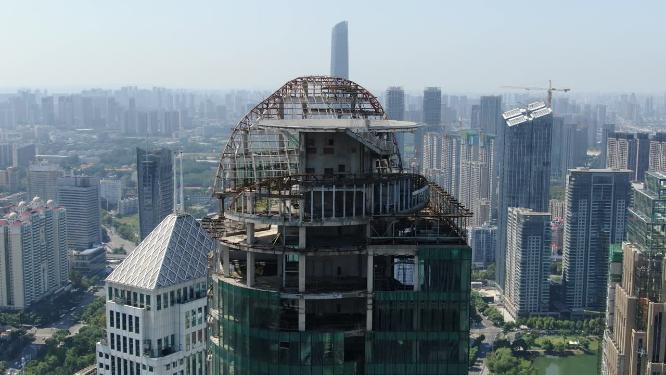 航拍武汉烂尾楼城市大厦楼顶