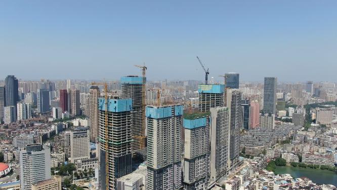 航拍武汉城市建设施工高楼