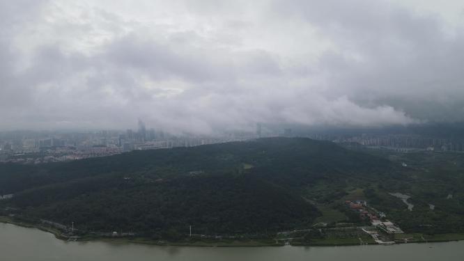 航拍夏季城市暴雨多变天气