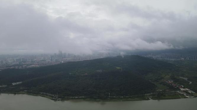 航拍夏季城市暴雨多变天气