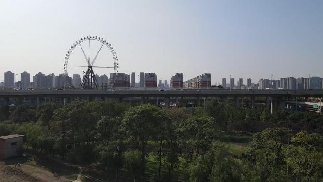 航拍河南郑州城市立交桥交通