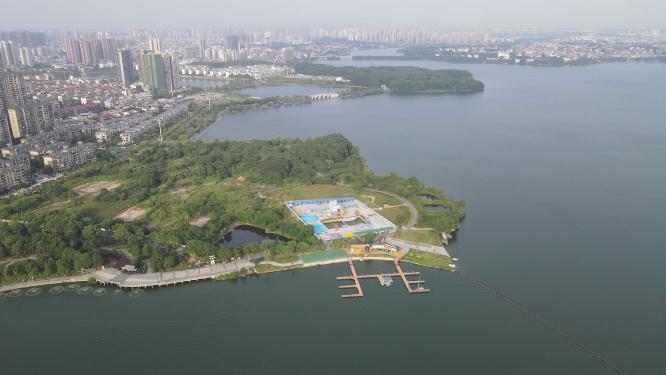 航拍湖南岳阳南湖公园