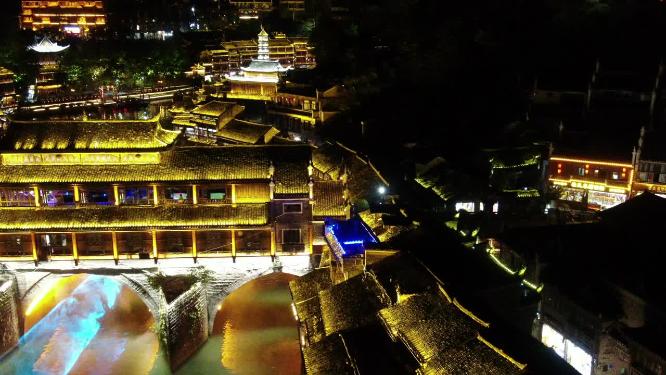 航拍湖南湘西凤凰古城夜景航拍
