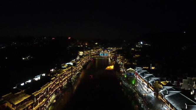 航拍湖南湘西凤凰古城夜景航拍