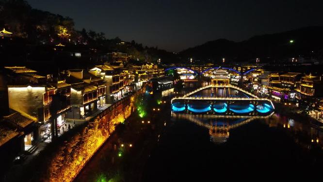 航拍湖南湘西凤凰古城夜景航拍
