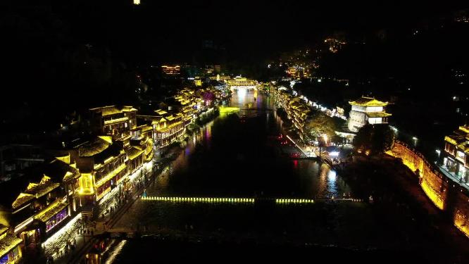航拍湖南湘西凤凰古城夜景航拍