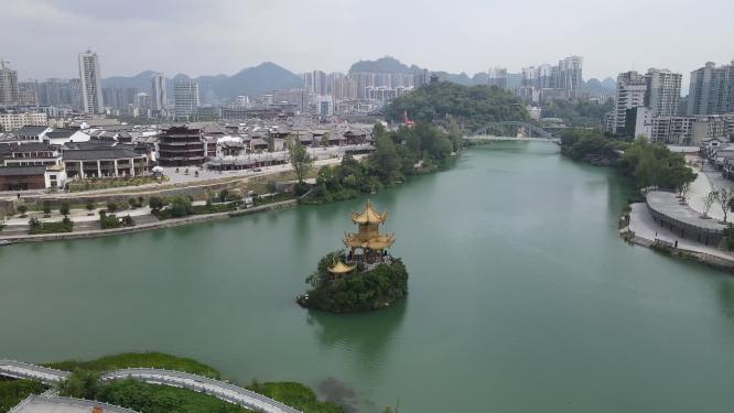 航拍贵州铜仁城市三江交汇处