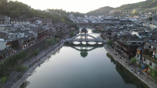 湖南湘西凤凰古城雪桥航拍