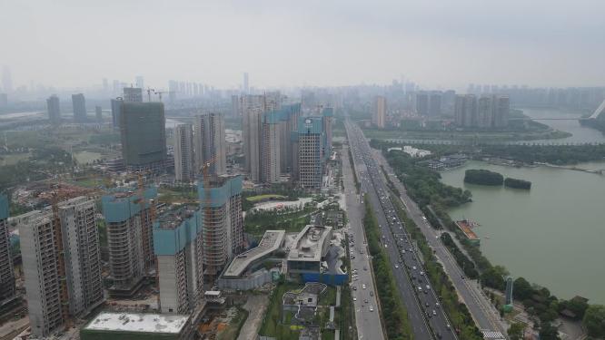 航拍湖南长沙城市拥堵交通