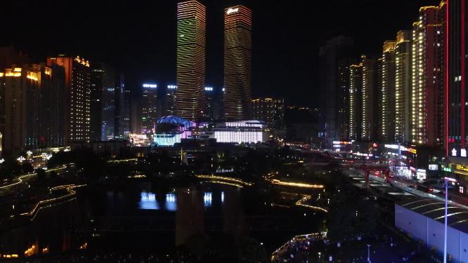 航拍贵阳花果园双子塔夜景灯光