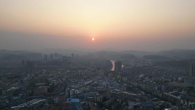 湖南湘西怀化城市日落晚霞夕阳航拍