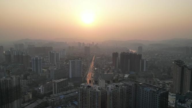 湖南湘西怀化城市日落晚霞夕阳航拍