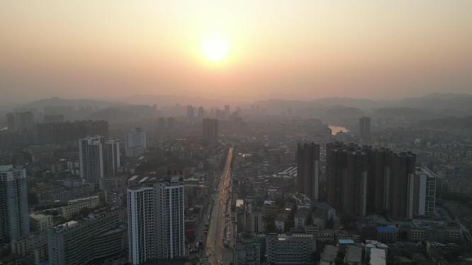 湖南湘西怀化城市日落晚霞夕阳航拍