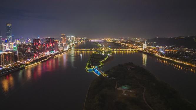 湖南长沙城市夜景灯光延时航拍摄影