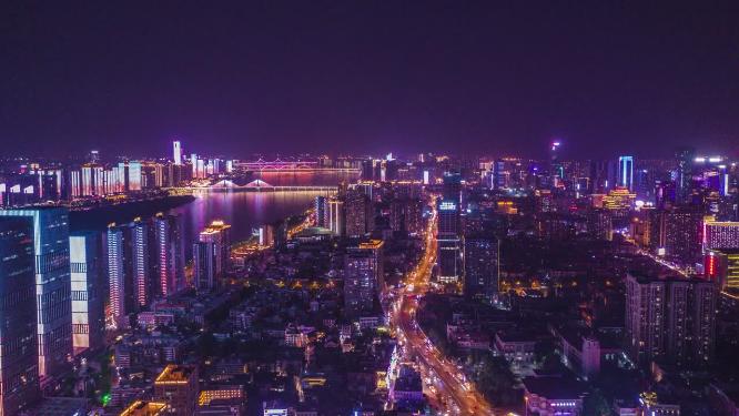 湖南长沙城市夜景灯光延时航拍摄影
