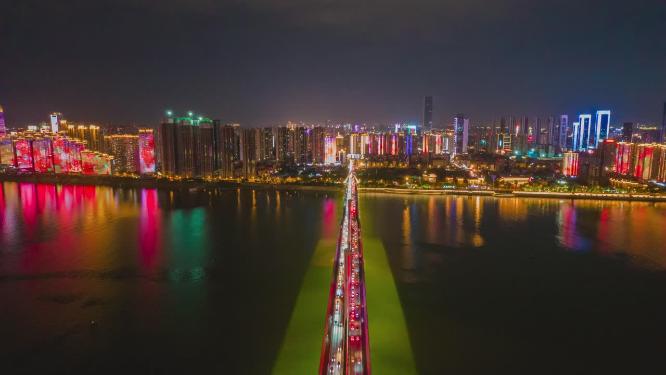 湖南长沙城市夜景灯光延时航拍摄影