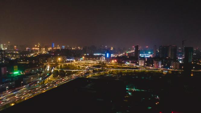 济南顺河路高架立交桥夜景交通移动延时航拍