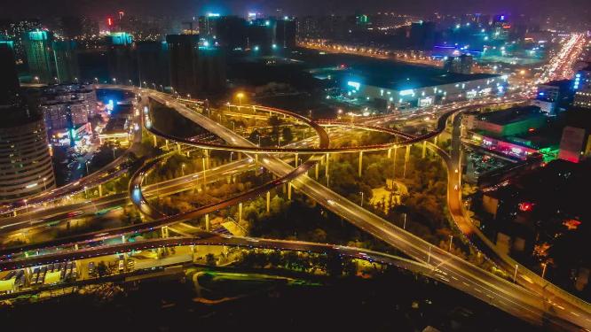 济南顺河路高架立交桥夜景交通移动延时航拍