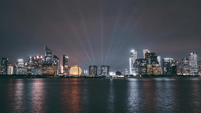 浙江杭州城市夜景灯光航拍移动延时