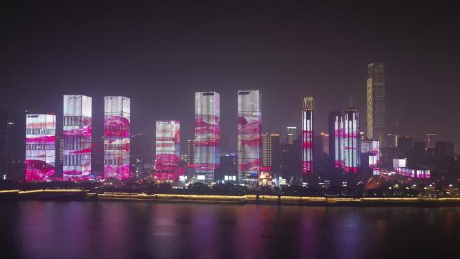 湖南长沙万达广场夜景灯光秀航拍