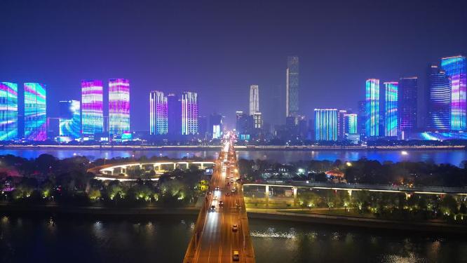 湖南长沙城市夜景灯光秀航拍