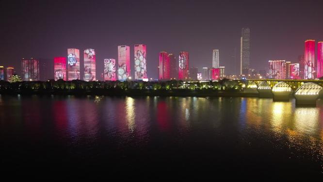 湖南长沙城市夜景灯光秀航拍