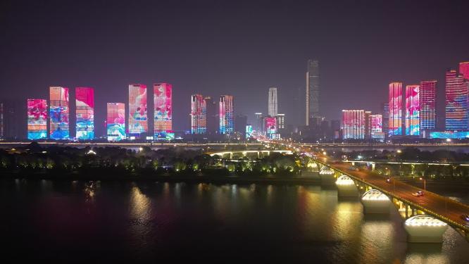 湖南长沙城市夜景灯光秀航拍