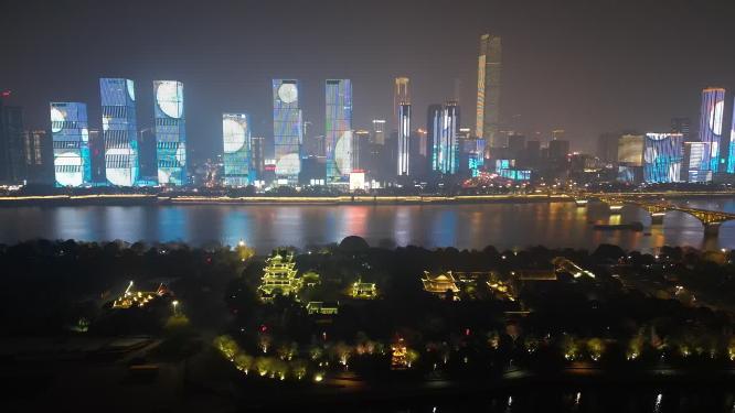 湖南长沙橘子洲夜景灯光航拍