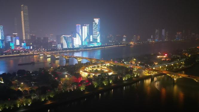 湖南长沙橘子洲大桥夜景航拍
