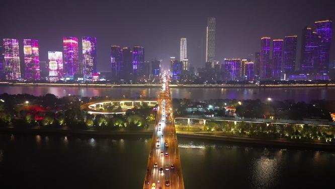 湖南长沙橘子洲大桥夜景航拍