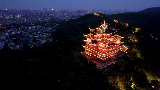 杭州吴山城隍阁景区夜景4K航拍视频素材
