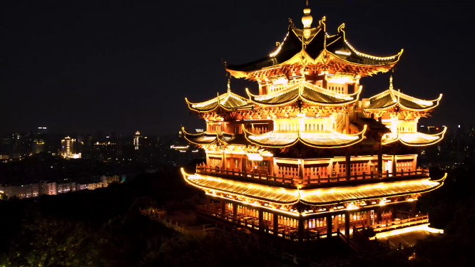 杭州吴山城隍阁景区夜景4K航拍视频素材