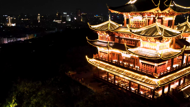 杭州吴山城隍阁景区夜景4K航拍视频素材