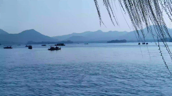 杭州西湖春天柳树游船烟雨江南4K视频素材