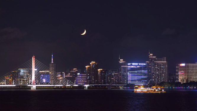 杭州钱塘江钱江三桥月亮游船夜景4K视频素材