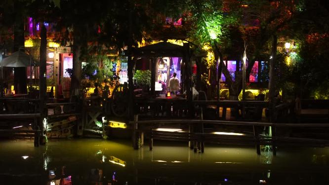 浙江嘉兴乌镇西栅酒吧一条街风景视频