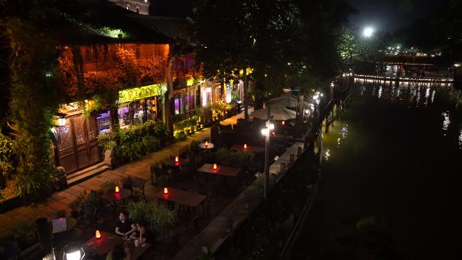 浙江嘉兴乌镇西栅酒吧一条街风景视频