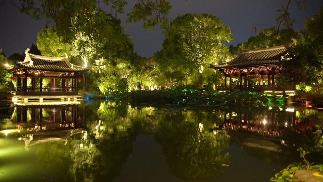 浙江绍兴沈园中式园林夜景实拍视频