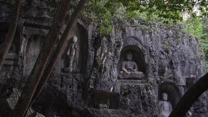 杭州西湖飞来峰塑像石窟群实拍视频