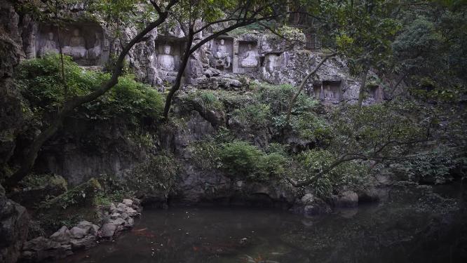 杭州西湖飞来峰塑像石窟群实拍视频