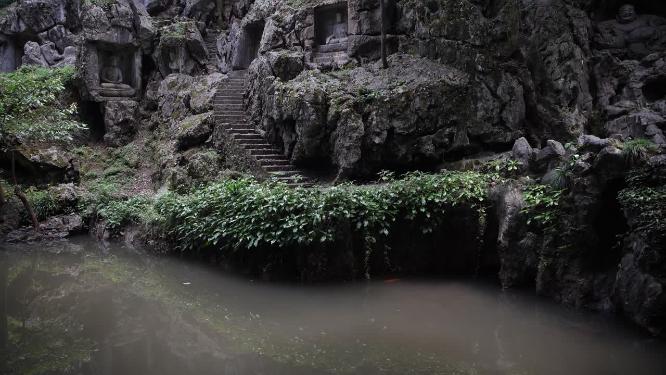 杭州西湖飞来峰塑像布袋弥勒佛实拍视频