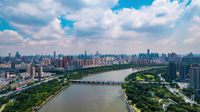 辽宁沈阳南京桥工农桥浑河城市风景航拍延时摄影