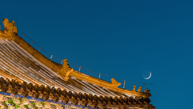  沈阳北陵公园清昭陵古建筑夜景与月亮延时摄影