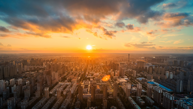 中国辽宁沈阳铁西区日落航拍城市风景延时摄影