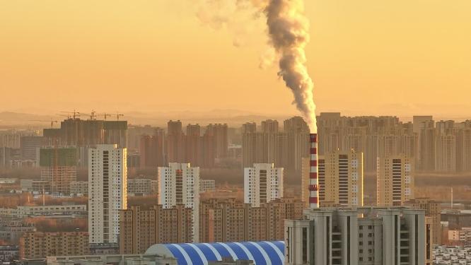 辽宁沈阳城市航拍烟囱建筑黄昏日落