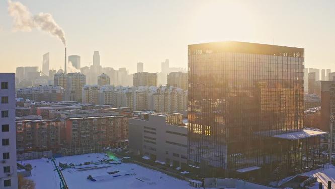 东北辽宁沈阳城市冬季雪景航拍街道与建筑