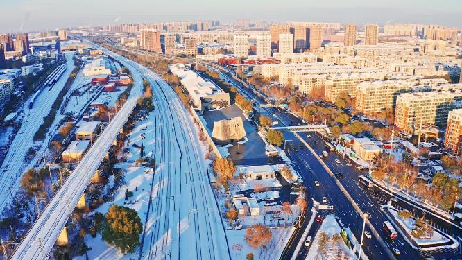 辽宁沈阳城市冬季雪景航拍九一八纪念馆