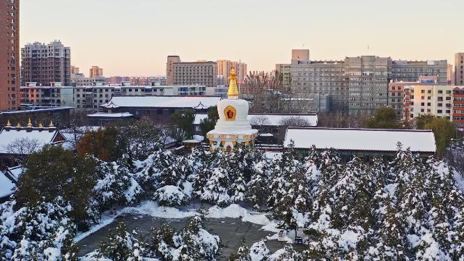 辽宁沈阳皇姑区北塔古建筑航拍雪景
